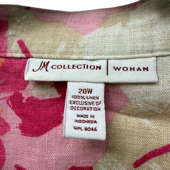 JM Collection 100% Linen Top Plus Size 20W Pink Floral 3/4 Sleeve Tunic Buttonup - Picture 4 of 8